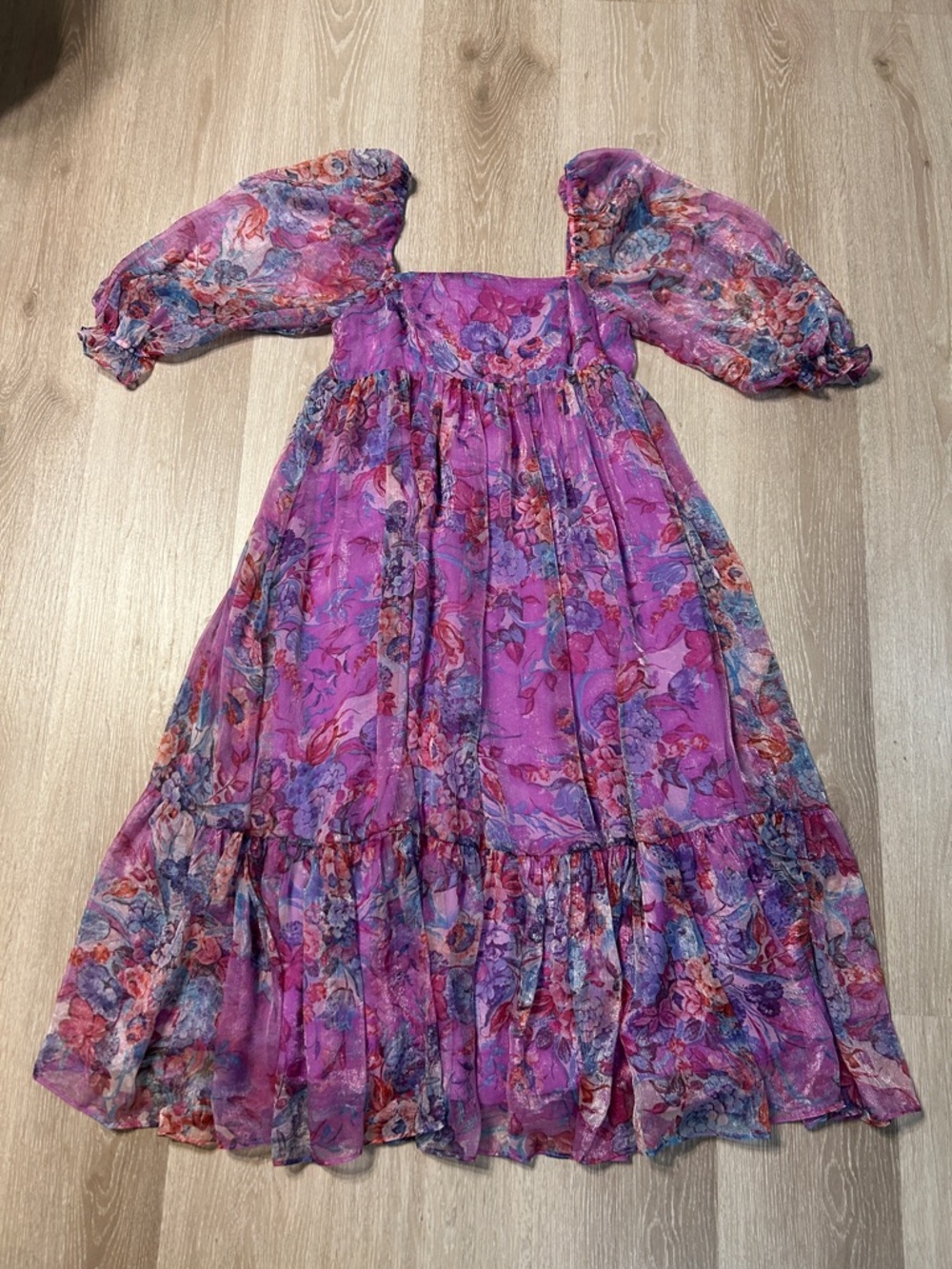 Storia Floral Puffed 3/4 Sleeve Chiffon Tiered A Line Midi Dress Sz Small